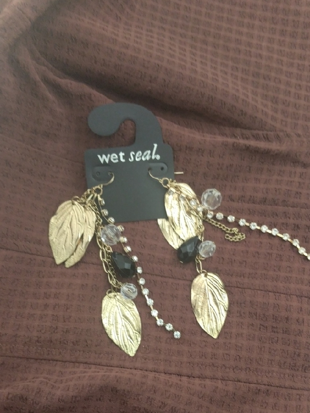 Wet Seal Gold Leaf Dangle Earrings with Black & Clear Beads